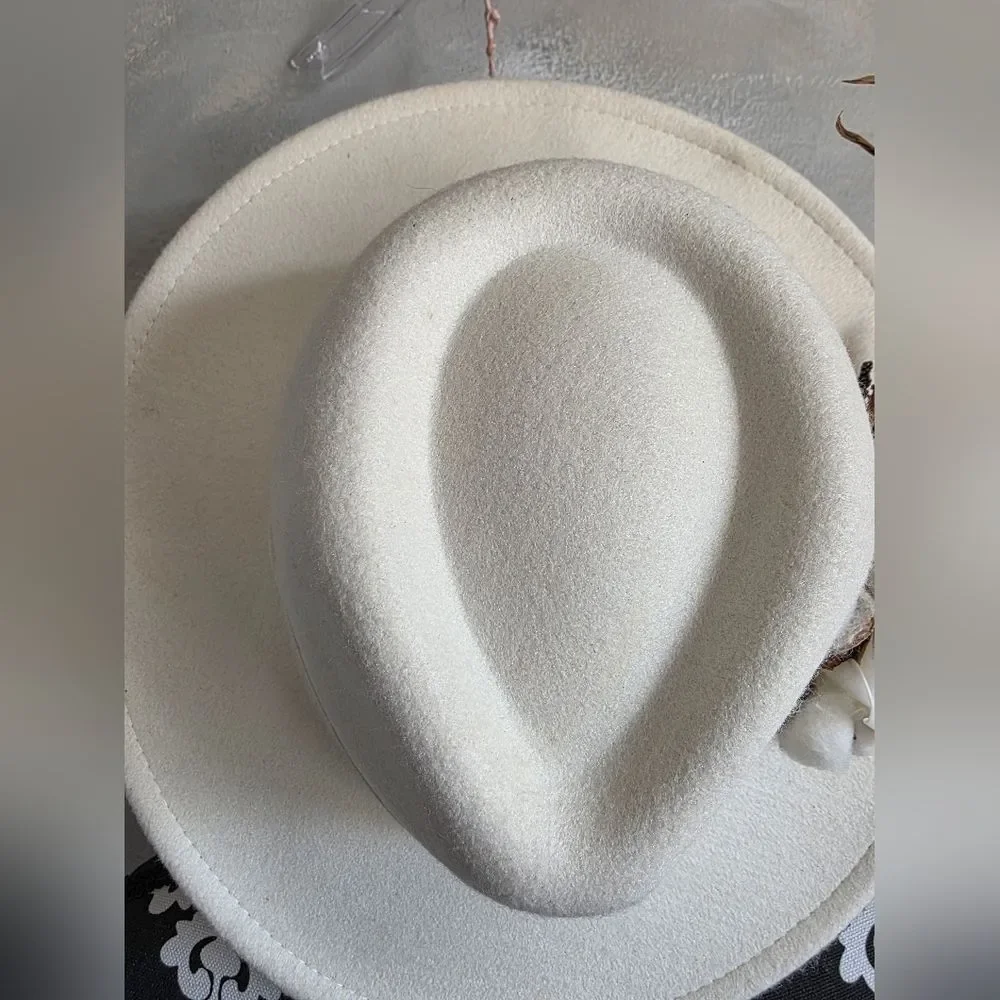 Cream Wide-brimmed Felt Fedora Hat with Feather and Floral Embellishment Bridal